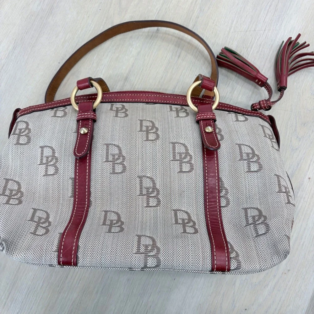 Dooney & Bourke Signature Monogram Canvas Satchel Burgundy Leather Trim 33906721